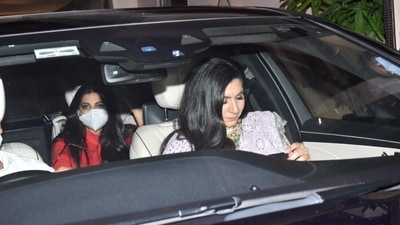 Rhea Kapoor donned a red attire. Reports suggest that Rhea Kapoor and Karan Boolani first met in 2010 during the filming of Aisha. (HT Photo/Varinder Chawla)