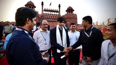 Olympic medalist Neeraj Chopra, center, arrives for the Independence Day celebrations at the Red Fort in New Delhi on August 15. (AP) Olympic medalist Neeraj Chopra, center, arrives for the Independence Day celebrations at the Red Fort in New Delhi on August 15. (AP)