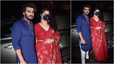 Rhea Kapoor's brother Arjun Kapoor looked dapper in a blue kurta which he teamed with white pyjama and brown shoes while her sister Anshula Kapoor looked gorgeous in a red lehenga. (HT Photo/Varinder Chawla)