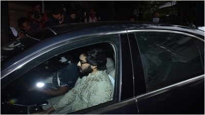 Rhea Kapoor and Sonam Kapoor's brother, Harshvardhan Kapoor looked dapper in a mint green sherwani. (HT Photo/Varinder Chawla)