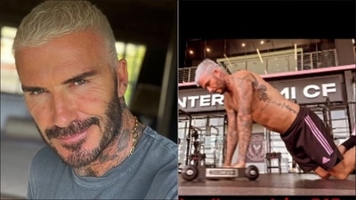 Shirtless David Beckham flaunts athletic prowess with ab wheel rollouts at Miami gym (Instagram/davidbeckham)