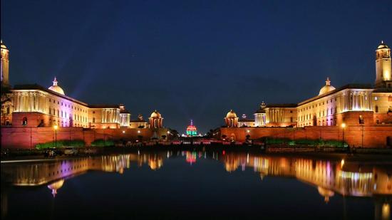 Rashtrapati Bhawan illuminated on the eve of Independence Day in New Delhi on Saturday. (HT PHOTO.)