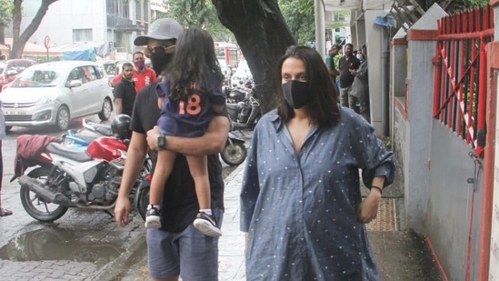 Neha Dhupia, Angad Bedi and Mehr Dhupia Bedi in Mumbai. (Varinder Chawla)
