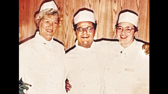 With Debbie (left) and Ellen, his line cook friends, when he was cruising in the Mediterranean in the ‘90s