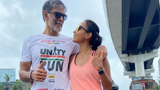 Ankita Konwar happily poses with Milind Soman on the occasion of 75th Independence Day.(Instagram/Ankita Konwar)