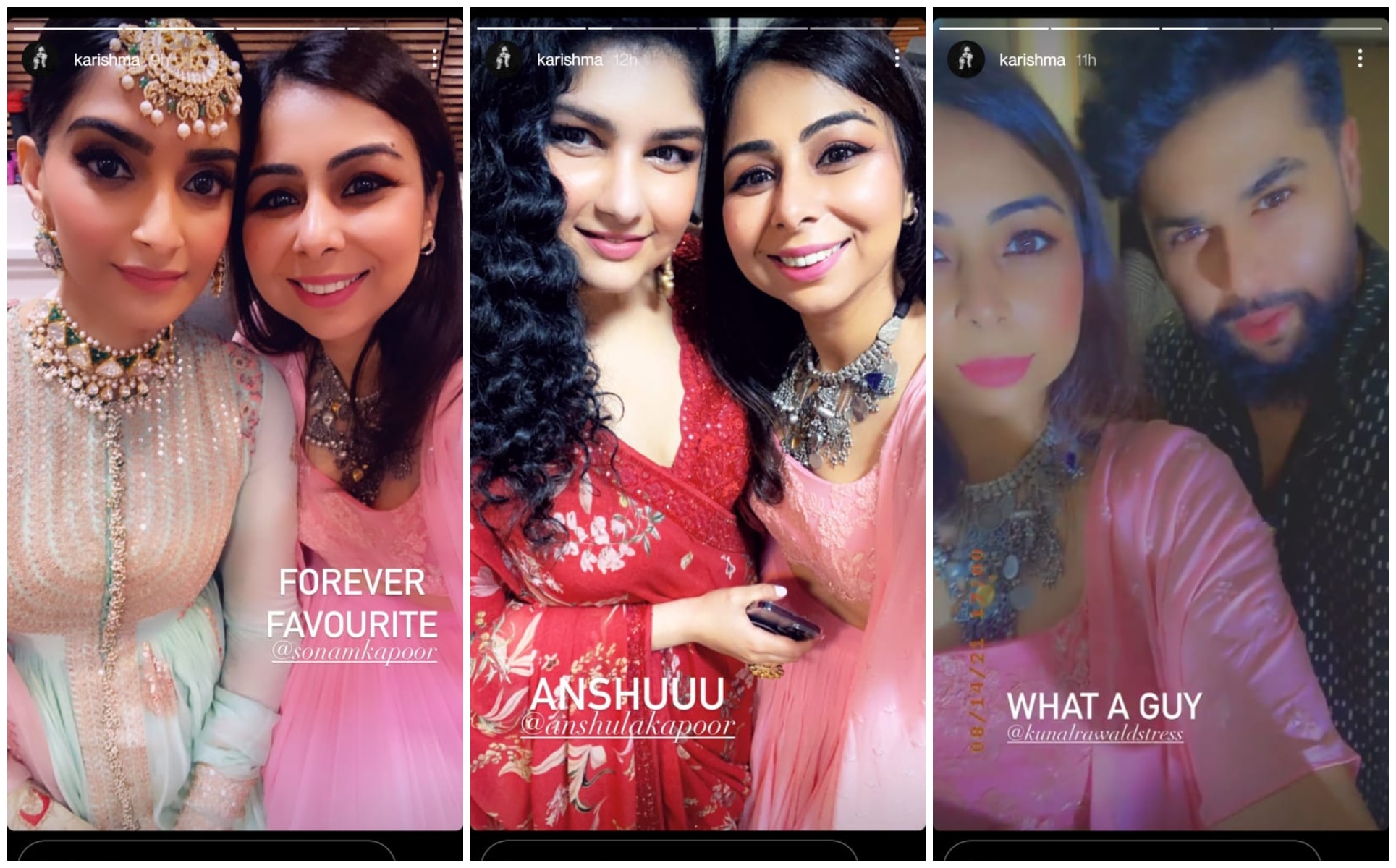 Karishma Karamchandani shared pictures with Sonam Kapoor and Anshula Kapoor, and a video with Kunal Rawal.