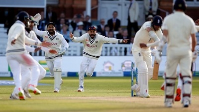 Virat Kohli celebrates winning the second test after Mohammed Siraj took the wicket of England's James Anderson (Action Images via Reuters)