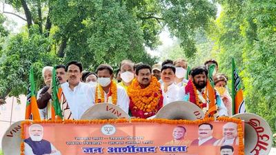 Union ministers Kaushal Kishore, Ajay Mishra and Pankaj Choudhary travelled in the same motorised chariot before embarking on the BJP’s jan ashirwad yatras (SOURCED IMAGE) Union ministers Kaushal Kishore, Ajay Mishra and Pankaj Choudhary travelled in the same motorised chariot before embarking on the BJP’s jan ashirwad yatras (SOURCED IMAGE)