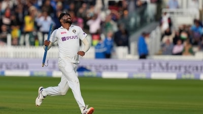 India's Mdohammed Siraj celebrates after taking the wicket clean bowled of England's James Anderson, with India winning the 2nd test (AP) India's Mdohammed Siraj celebrates after taking the wicket clean bowled of England's James Anderson, with India winning the 2nd test (AP)