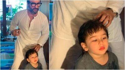 Saif Ali Khan turned into a barber for his son Taimur Ali Khan during the initial lockdown days while mommy Kareena Kapoor Khan captured the father-son duo in the act. (Instagram/@kareenakapoorkhan)