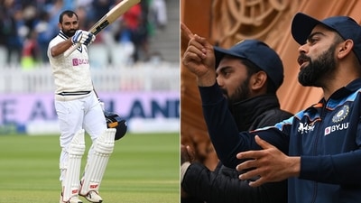 Mohammed Shami raises his bat as Virat Kohli cheers him on. (Getty Images) Mohammed Shami raises his bat as Virat Kohli cheers him on. (Getty Images)
