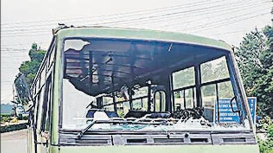 A police vehicle vandalised by miscreants in Shillong. (PTI) A police vehicle vandalised by miscreants in Shillong. (PTI)
