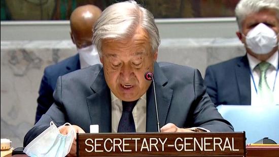 UN Secretary-General António Guterres at the UNSC meeting on Afghanistan in New York on Monday. (ANI PHOTO.)
