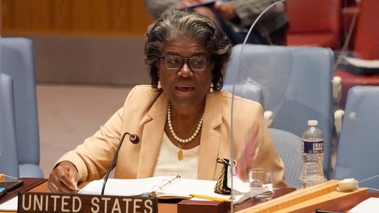 Linda Thomas-Greenfield, US ambassador to the United Nations speaks during the UN security council meeting on Afghanistan on August 16, 2021 at the United Nations in New York.(AFP)