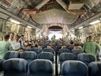 Indian diplomats and Indian journalists are seen inside the C17 Globemaster before it took off from the Kabul airport. Indian diplomats and Indian journalists are seen inside the C17 Globemaster before it took off from the Kabul airport.