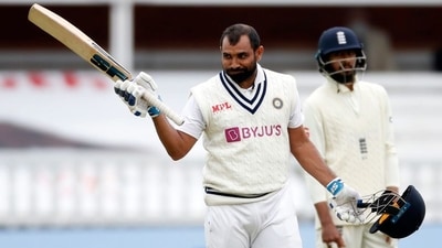 England v India - Lord's Cricket Ground, London, Britain - August 16, 2021 India's Mohammed Shami celebrates his half century Action Images via Reuters/Paul Childs (Action Images via Reuters)