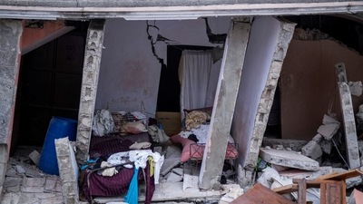 Beds are seen in a collapsed house after Saturday's 7.2 magnitude quake, in Les Cayes, Haiti. (Reuters Photo)