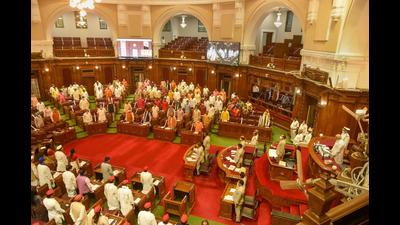 Leaders inside Vidhan Bhawan during the Monsoon Session of the Uttar Pradesh Assembly, in Lucknow, Tuesday. (PTI Photo)