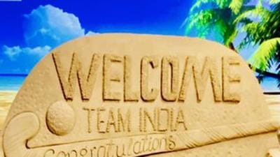 Sudarshan Patnaik’s sand art welcoming the hockey teams to Odisha. (HT photo) Sudarshan Patnaik’s sand art welcoming the hockey teams to Odisha. (HT photo)