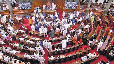 Opposition MPs create uproar in Rajya Sabha during the monsoon session of parliament, in New Delhi on August 11. (ANI) Opposition MPs create uproar in Rajya Sabha during the monsoon session of parliament, in New Delhi on August 11. (ANI)
