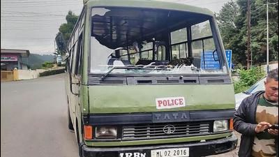 A police vehicle vandalised by miscreants after the death of banned Hynniewtrep National Liberation Council (HNLC) former leader Chesterfield Thangkhiew, during a search operation at his house for his suspected involvement in an IED blast incident, in Shillong. (PTI)