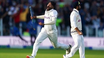 India's Mohammed Siraj celebrates taking the final wicket of England's James Anderson to win the game during day five of the Second Test match at Lord's, London, Monday Aug. 16, 2021. (AP) India's Mohammed Siraj celebrates taking the final wicket of England's James Anderson to win the game during day five of the Second Test match at Lord's, London, Monday Aug. 16, 2021. (AP)