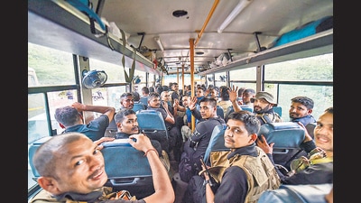 ITBP commandos arrive at Hindan Air Force Station after Indian Air Force's effort for safe evacuation from crisis-hit Afghanistan, in Ghaziabad, Tuesday (PTI) ITBP commandos arrive at Hindan Air Force Station after Indian Air Force's effort for safe evacuation from crisis-hit Afghanistan, in Ghaziabad, Tuesday (PTI)