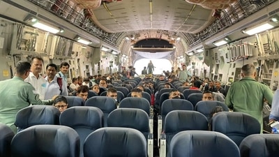 Indian diplomats and Indian journalists are seen inside the C17 Globemaster before it took off from the Kabul airport. (MEA Photo)