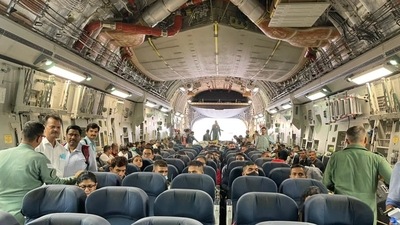 Indian diplomats and Indian journalists are seen inside the C17 Globemaster before it took off from the Kabul airport. Indian diplomats and Indian journalists are seen inside the C17 Globemaster before it took off from the Kabul airport.