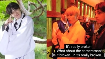 BTS members Suga, Jimin and V from Run BTS episode 147. BTS members Suga, Jimin and V from Run BTS episode 147.