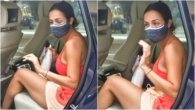 Malaika wore the sports bra with a pair of baggy shorts that came in the same colour. The loose silhouette of the shorts makes it an idle attire for a workout routine. It also featured a drawstring detail. (Varinder Chawla) Malaika wore the sports bra with a pair of baggy shorts that came in the same colour. The loose silhouette of the shorts makes it an idle attire for a workout routine. It also featured a drawstring detail. (Varinder Chawla)