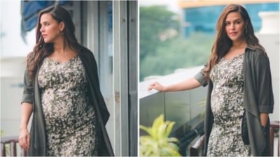 Neha Dhupia: Neha has been receiving praises for her fashion choices ever since her first pregnancy. The 'Singh is King' actor looked stunning in this fitted grey midi dress which she teamed with a long matching jacket. (Instagram/@nehadhupia)