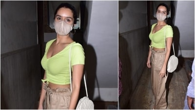Shraddha Kapoor's wardrobe is filled with affordable wears. Earlier today, the 'Aashiqui 2' actor stepped out in a green crop-top which she teamed with babby beige trousers. (HT Photo/Varinder Chawla)