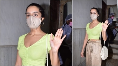 Following the Covid-19 protocols, Shraddha Kapoor did not open her mask even once, not even for the paparazzi. (HT Photo/Varinder Chawla)