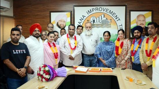 The newly appointed trustees taking the charge at LIT office in Ludhiana on Tuesday. (Harsimar Pal Singh/HT)
