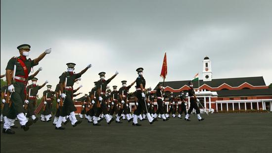 Newly-inducted officers march during the passing out parade at IMA in Dehradun on June 13, 2020. (File photo)