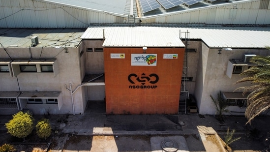 An aerial view shows the logo of Israeli cyber firm NSO Group at one of its branches in the Arava Desert, southern Israel. ( REUTERS)