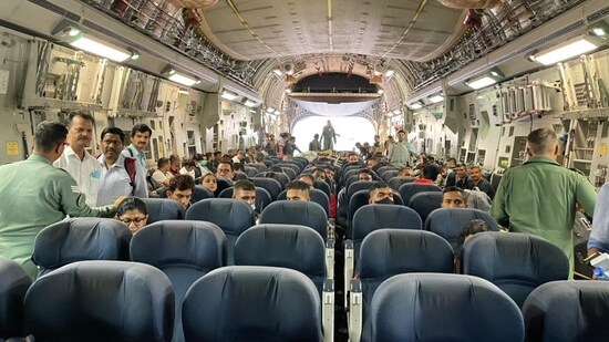 Indian diplomats and Indian journalists are seen inside the C17 Globemaster before it took off from the Kabul airport. (MEA Photo)