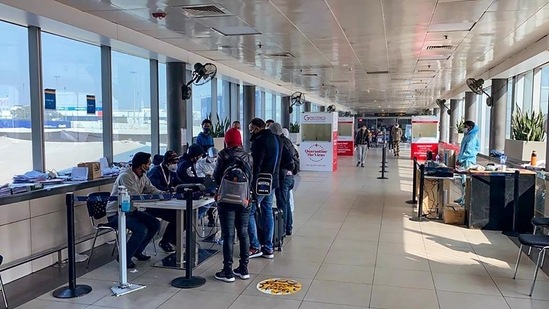 Covid-19 testing setup for the passenger coming at Delhi Airport in New Delhi. (PTI)