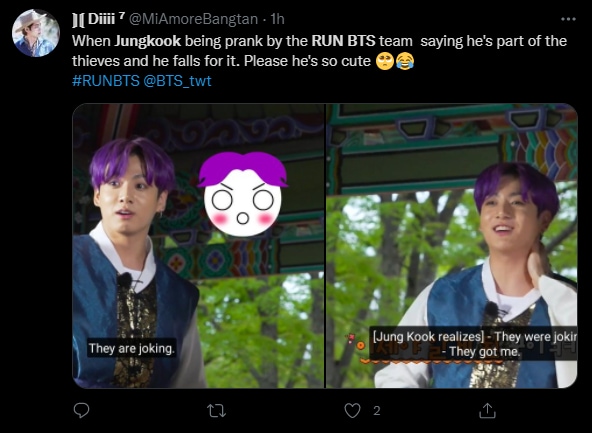 Fan reacts to BTS singer Jungkook being tricked by Run BTS team.