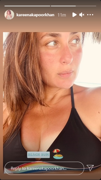 In the closeup candid picture, Kareena wore a black bikini and kept her hair loose.