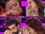 Madhuri Dixit, Bharti Singh wipe their tears as they watch a performance on Dance Deewane 3.