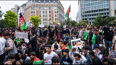 Afghans take part in a protest over Taliban takeover of Afghanistan in Brussels, Belgium on Wednesday. (AFP) Afghans take part in a protest over Taliban takeover of Afghanistan in Brussels, Belgium on Wednesday. (AFP)