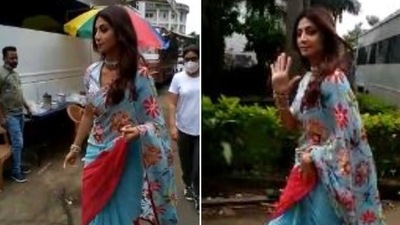Shilpa Shetty waved to paparazzi as she reported back to work on Super Dancer 4's set. (Varinder Chawla) Shilpa Shetty waved to paparazzi as she reported back to work on Super Dancer 4's set. (Varinder Chawla)