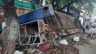 The PMPML bus stand which collapsed was given to a contractor for advertising purposes for five years, said official. (HT PHOTO)