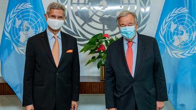 Indian external affairs minister Dr S Jaishankar (left) met UN secretary-general Antonio Guterres in New York, on Wednesday. (PTI) Indian external affairs minister Dr S Jaishankar (left) met UN secretary-general Antonio Guterres in New York, on Wednesday. (PTI)