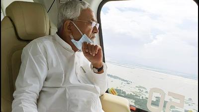 Bihar CM Nitish Kumar conducts an aerial survey of flood-affected Katihar on Wednesday. (Santosh Kumar/HT Photo)