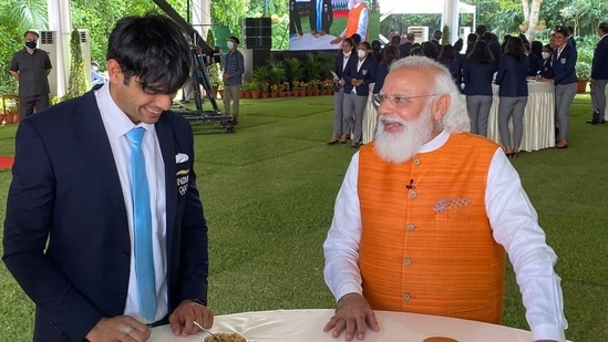 In the video, PM Modi can be seen talking to Tokyo Olympics gold medallist Neeraj Chopra, archer Deepika Kumari, silver medallist wrestler Ravi Dahiya and fencer Bhawani Devi among others.(PIB)