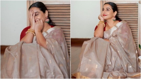 Vidya Balan, whose go-to outfit is saree, recently took to her Instagram handle to share a few pictures of herself in an ivory handwoven Chanderi Saree.(Instagram/@vidyabalan)
