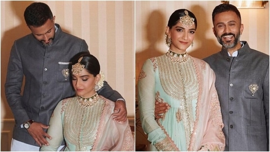 Sonam Kapoor in couture anarkali is nothing short of phenomenal with Anand Ahuja in pics from Rhea Kapoor's wedding(Instagram/@sonamkapoor) Sonam Kapoor in couture anarkali is nothing short of phenomenal with Anand Ahuja in pics from Rhea Kapoor's wedding(Instagram/@sonamkapoor)